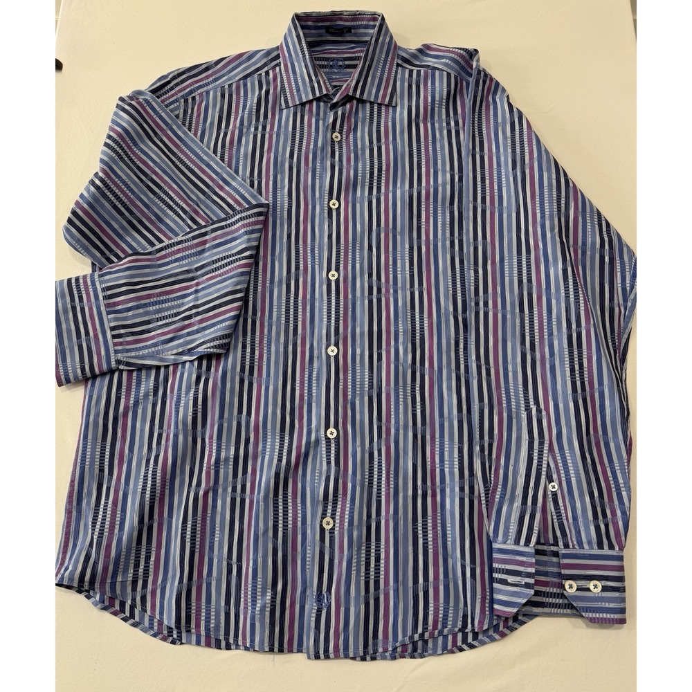 Bugatchi Uomo Classic Fit Blue Purple Striped Button Shirt Men's Large Cotton